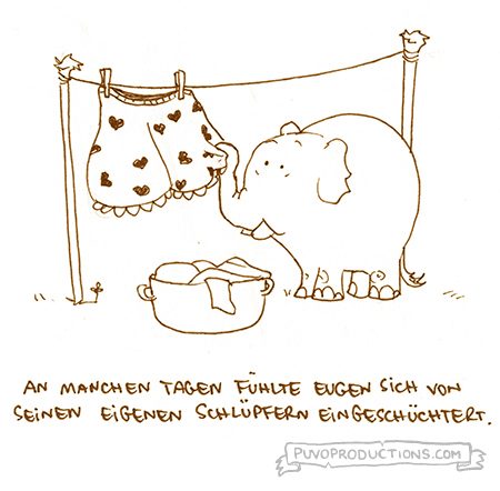 Ein Cartoon in schwarz-weiß. Ein Elefant hängt eine große Öko-Wäsche Unterhose mit Herzen darauf auf der Wäscheleine aufhängt