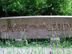 Ein großer bearbeiteter Stein mit der Inschrift "danke für mein Leben"