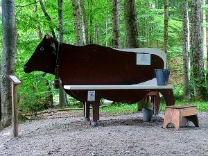 Eine ausgeschnitte Holzkuh in braun und weiß angemalt. Davor eine Bank mit einem Kübel und einem Schemel zum Melken.