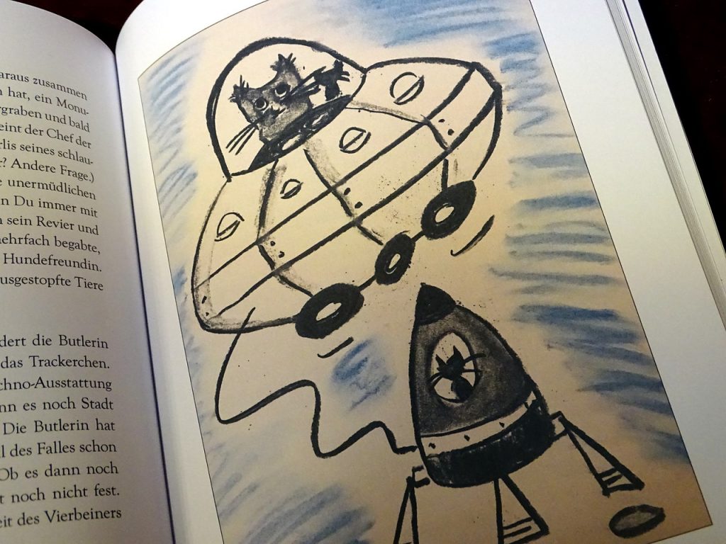 Graphik von Kater in einem Ufo mit einer anderen Katze, die in einer Raumkapsel sitzt